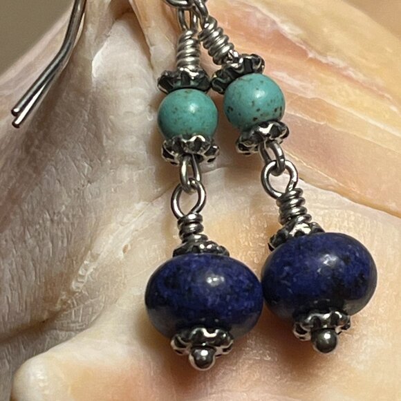 Lapis Lazuli & Turquoise Stone Earrings, Boho Gemstone Dangle Earrings - Picture 3 of 6
